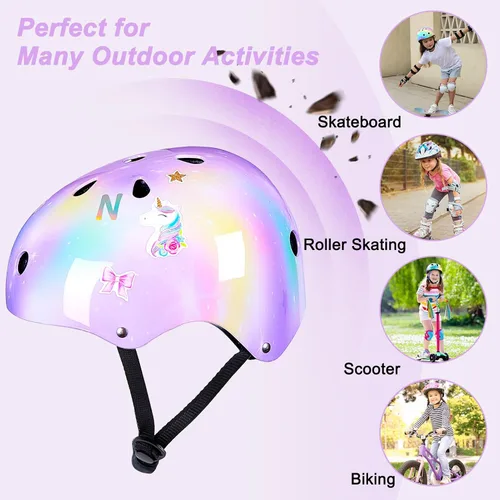 Miniatura 7 de Casco para niños, casco de bicicleta para niños pequeños con pegatinas DIY Unicornio, rodilleras y coderas ajustables, juego de protección para Rosa