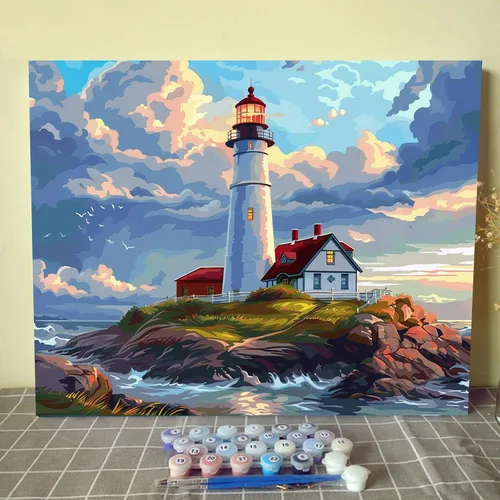 Miniatura 8 de Pintura de faro de fantasía, pintura dramática por números, 16 x 20 pulgadas, lienzo para bricolaje, pintura al óleo del océano tropical