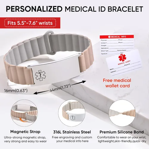 Miniatura 6 de Cómoda pulsera de identificación médica para hombres y mujeres, correa de silicona grabada personalizada, ajuste cómodo, pulseras de alerta médica