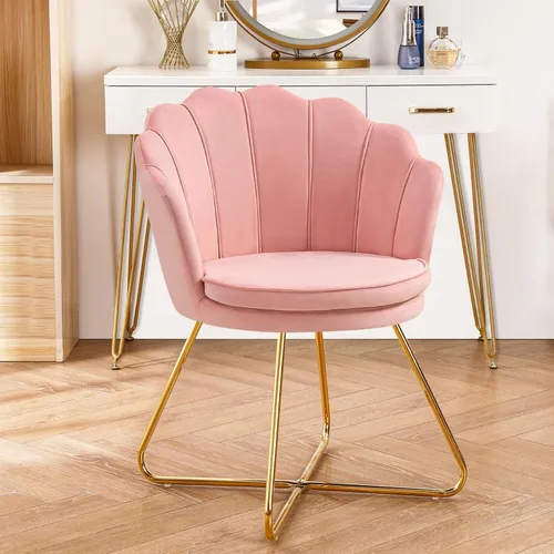 Furniliving Sillas de tocador rosas, silla de maquillaje de terciopelo para dormitorio, silla de escritorio de oficina en casa con patas chapadas en