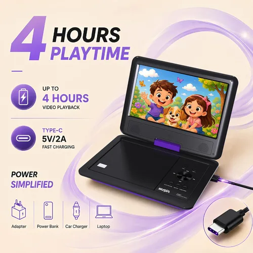 Miniatura 3 de SUNPIN Reproductor de DVD portátil de 11 pulgadas para automóvil y niños con pantalla giratoria HD de 9.5 pulgadas, batería recargable de 5 horas