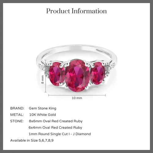 Miniatura 4 de Gem Stone King Anillo de compromiso ovalado de oro blanco de 10 quilates con diamantes y rubí creado con 3 piedras para mujer (2.20 qttw)