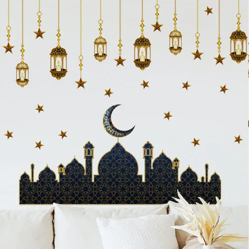 Miniatura 3 de Calcomanías de decoración de pared de Ramadán, calcomanías de pared musulmanas islámicas Eid Mubarak Ramadán, farol, luna, estrella, ventana