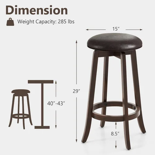 Miniatura 3 de COSTWAY Juego de 2 taburetes de bar giratorios de 29 pulgadas, taburetes de bar tapizados con asiento de piel sintética y patas de madera de goma