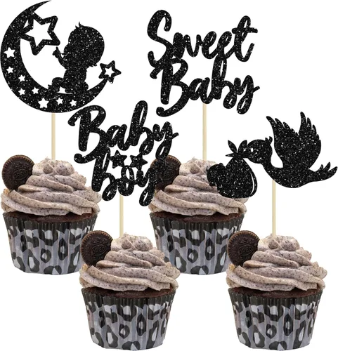 Miniatura 20 de 24 piezas de decoración para cupcakes de baby shower Oh Baby con moño, botella para niño, azul profundo, purpurina para pasteles, decoraciones