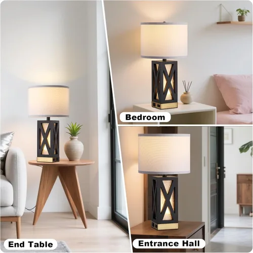 Miniatura 7 de Lámpara de mesa de madera con 3 temperaturas de color, lámpara de mesa de noche con salida de CA, puerto de carga USB A y C, lámpara de noche