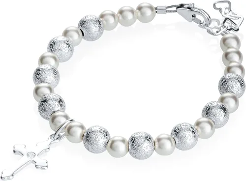Pulsera de plata de ley con colgante de cruz para niños, con perlas de imitación de Swarovski y cuentas de purpurina de plata, mejor regalo de
