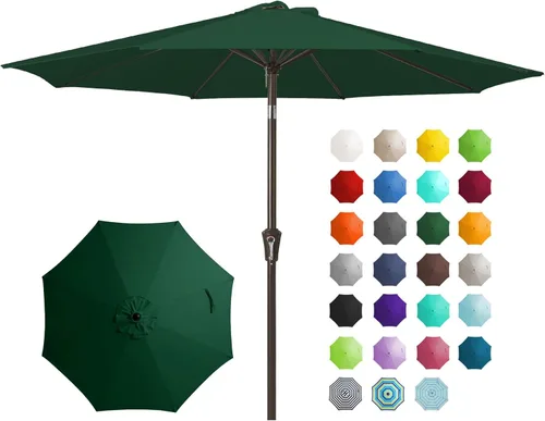 JEAREY Sombrilla de mesa de patio al aire libre de 9 pies con botón de inclinación y manivela, sombrilla de mercado, 8 varillas resistentes, Verde