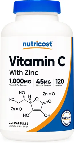 Nutricost Vitamina C con cápsulas de suplemento de zinc, 120 porciones, 1000 mg de vitamina C, 45 mg de zinc, sin OMG, sin gluten