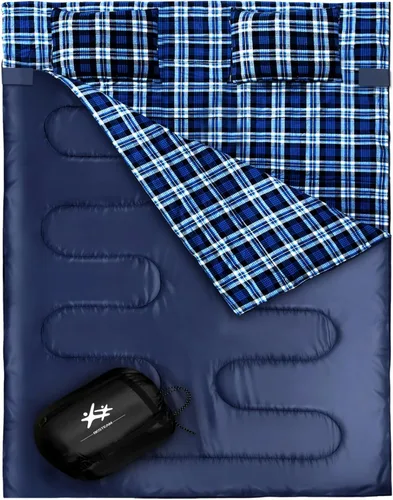 Miniatura 6 de Saco de dormir doble de franela para adultos y niños, tamaño Queen para 2 personas con 2 almohadas, saco de dormir para clima cálido y frío