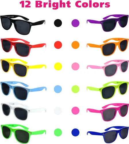 Miniatura 4 de Paquete de 48 lentes de sol de neón de 12 colores, recuerdos de fiesta, estilo retro de los años 80, juego perfecto de gafas de sol coloridas