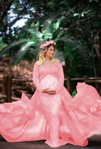 Miniatura 6 de ZIUMUDY Vestido de maternidad para sesión de fotos de manga larga con hombros descubiertos, vestido de encaje ajustado con capa larga de gasa trian