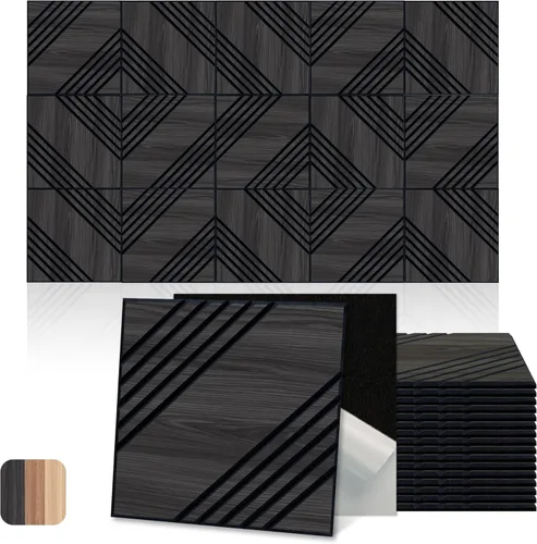 Miniatura 13 de Mollywell Paneles acústicos, decoración de grano de madera de PVC, azulejos de pared con patrón tallado de 12 x 12 pulgadas, autoadhesivos