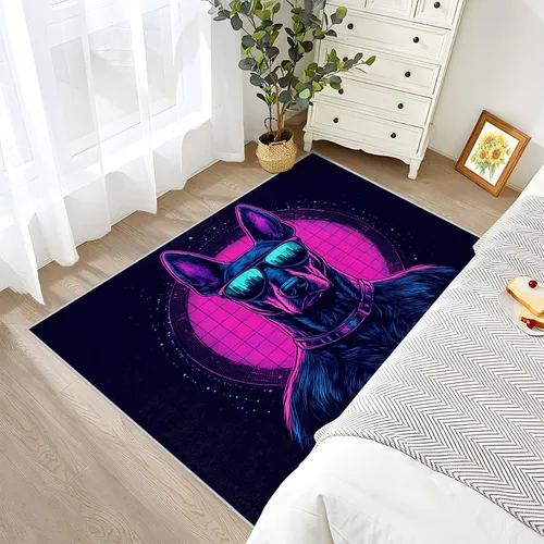 Miniatura 4 de Alfombras de neón para sala de juegos, alfombra de 2 x 3, alfombra de área Doberman, alfombra retro Cyberpunk lavable antideslizante, alfombra
