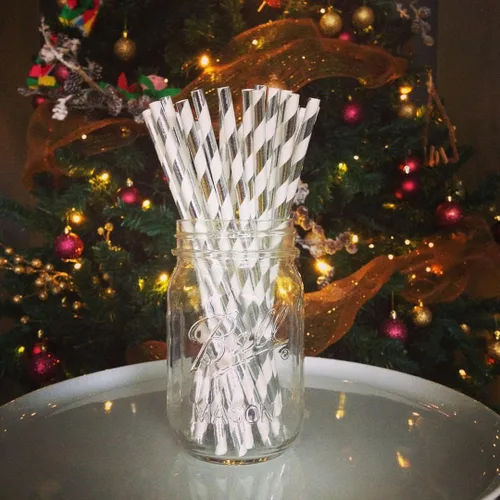 Miniatura 4 de ALINK - 100 pajitas de papel plateadas y blancas con rayas, pajitas desechables biodegradables para decoración de Navidad, cumpleaños, Año Nuevo