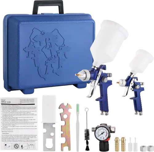 Kit profesional de pistola pulverizadora de alimentación por gravedad HVLP 2 en 1 (0.055 in, 20.3 fl oz + 0.031 in 4.2 fl oz) con regulador de