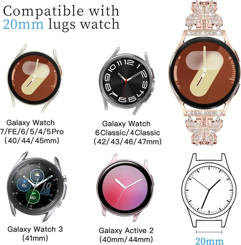 Miniatura 3 de Compatible para Samsung Galaxy Watch 7 6 5 4 FE Correa 40mm 44mm, Correa de Metal con Diamantes para Mujer 20mm para Samsung Watch Bands 7 6 5 4