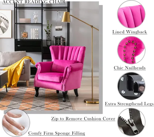 Miniatura 4 de Silla decorativa moderna de mediados de siglo, sillón tapizado, cómodo sofá individual de tela de terciopelo con respaldo forrado para espacios Rosa