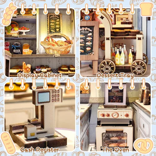 Miniatura 4 de Kit de construcción de casa en miniatura DIY, kit de rincón de lectura de panadería, rompecabezas de madera en 3D para estanterías, kit de casa