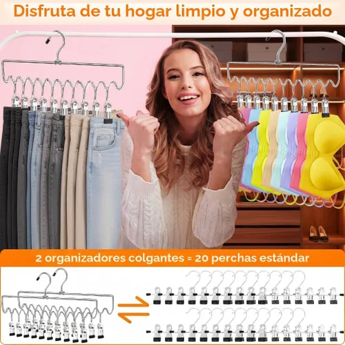 Miniatura 6 de Perchas para pantalones que ahorran espacio con clips, organizadores de armario y almacenamiento, 20 clips de goma antideslizantes, organizador