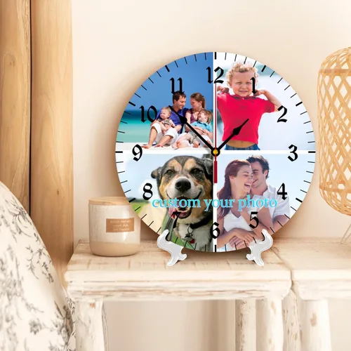 Miniatura 5 de Reloj de pared personalizado, reloj personalizado con texto de 4 imágenes, reloj de fotos silencioso redondo personalizado de PVC, regalos