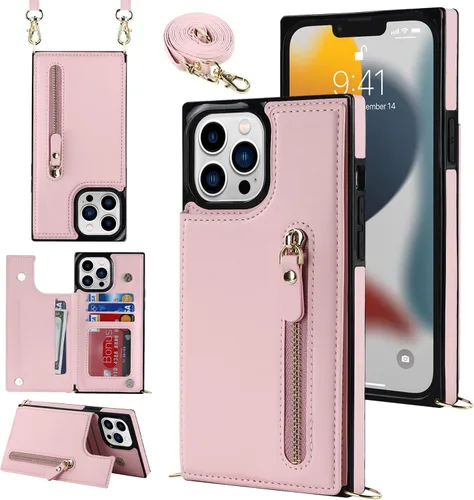 Miniatura 21 de Funda cruzada para teléfono iPhone 13 Pro Max de cuero con tarjetero, funda protectora extraíble, correa de cuero ajustable con botón, compatible