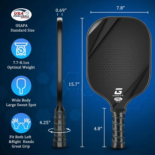Miniatura 10 de GARYE Juego de 2 palas de pickleball aprobadas por USAPA, juego de pickleball de fibra de carbono, raquetas ligeras de pickleball, paquete de 2