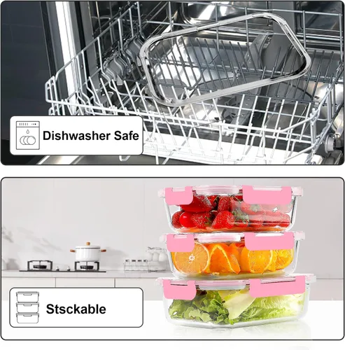 Miniatura 5 de VERONES Paquete de 10 recipientes de vidrio para preparar comidas, recipientes herméticos de vidrio para almuerzos, juego de recipientes apilables