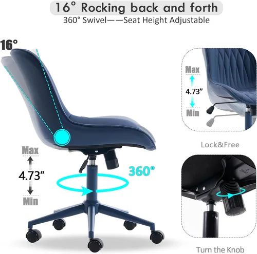 Miniatura 3 de YOUNIKE Silla de oficina ergonómica de piel sintética sin brazos, cómoda silla de escritorio con respaldo mecedor, bonita silla giratoria con Azul