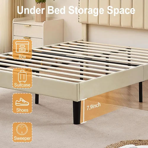 Miniatura 9 de VECELO Base de cama tapizada de terciopelo tamaño Queen con ribete de clavos, cabecera ajustable en altura copetuda, cama vintage con listones