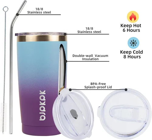 Miniatura 2 de BJPKPK Vasos de acero inoxidable de 20 oz con aislamiento al vacío con tapas y pajita, taza de agua de viaje reutilizable de doble pared, taza