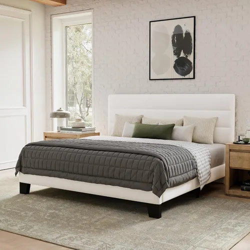 Miniatura 10 de GOLDORO Base de cama de plataforma de tamaño individual con cabecera tapizada, soporte de listones de madera, no necesita somier, fácil montaje