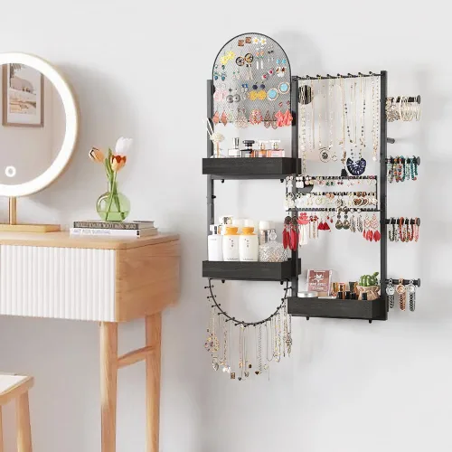 Miniatura 7 de Keebofly Organizador de joyas colgante de montaje en pared, soporte de exhibición grande para aretes, anillos, collares, pulseras, relojes y Negro