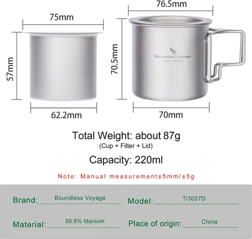 Miniatura 2 de iBasingo Taza de titanio de 7.4 fl oz con colador, taza de camping con tapa, mango plegable, de una sola pared, ligera, portátil para beber al aire