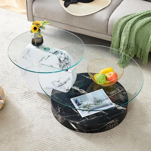 Miniatura 10 de Mesa de centro de vidrio de 35.4 pulgadas, mesa de centro redonda pequeña, mesa de vidrio templado de 2 niveles con base de madera, mesa central