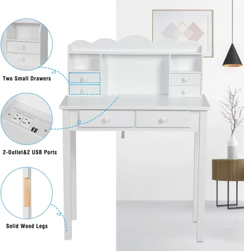 Miniatura 7 de ADORNEVE Pequeño Escritorio Blanco con Estante Superior y Puertos USB, Escritorio de Oficina en Casa de 31.5 Pulgadas con Cajones, Mesa de Estudio