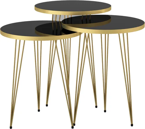 Miniatura 6 de Juego de 3 mesas auxiliares anidables con patas de color negro y dorado de alto brillo, mesa auxiliar apilable de madera con patas de metal