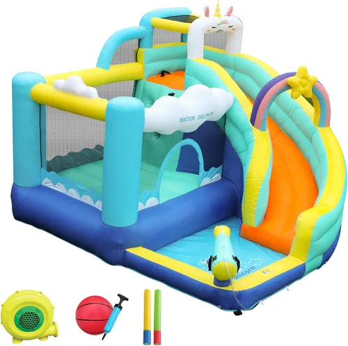 Miniatura 11 de Doctor Dolphin Casa inflable de rebote de agua, casa inflable para niños grandes, tobogán acuático para patio trasero, parque acuático inflable