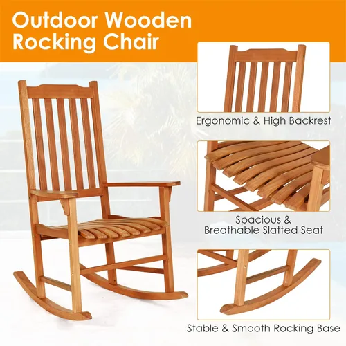 Miniatura 6 de Tangkula Mecedora para patio, para interiores y exteriores, de madera, para porche, jardín, balcón, sillón rústico de respaldo alto con capacidad