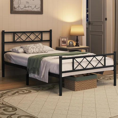 Miniatura 3 de Topeakmart Base de cama de metal negro con cabecero, base de colchón, cama de plataforma, base de cama con listones, tamaño individual