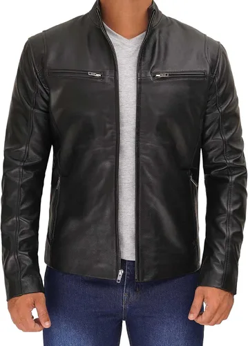 Chaqueta de cuero marrón y negro para hombre, 100% piel de cordero real, estilo motocicleta, cafe Racer de cuero para motociclista