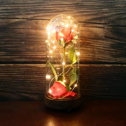 CVHOMEDECO. Funciona con pilas con temporizador LED iluminado y rosa de poliuretano roja con pétalos caídos en una cúpula de cristal, gran regalo