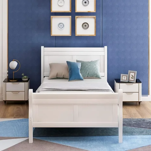 Miniatura 10 de Cama de plataforma de madera maciza tamaño matrimonial con cabecera y estribo de trineo, base de cama de plataforma de madera completa con Espresso