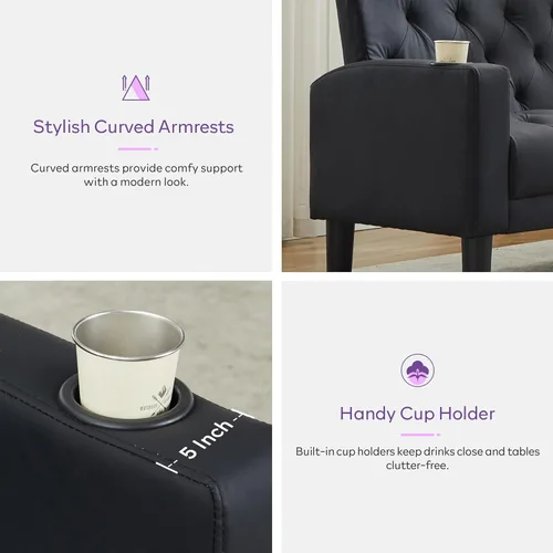 Miniatura 4 de TYBOATLE Sofá loveseat de 62" de ancho con 2 puertos de cargador USB y 2 portavasos, sofá de amor pequeño tapizado de cuero negro estilo moderno