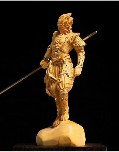 Miniatura 3 de Estatua de rey mono Wukong tallada en madera de boj natural (chapado en oro)