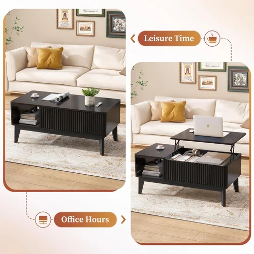 Miniatura 4 de LYNCOHOME Mesa de centro acanalada con compartimento oculto, mesas de centro elevables de madera, mesa central moderna para sala de estar, oficina