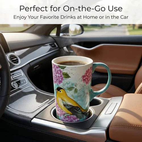 Miniatura 6 de Taza de viaje de cerámica de hortensia de jilguero de 17 onzas con tapa, taza de café floral de pájaro verde azulado con caja de regalo, taza de té