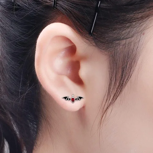 Miniatura 6 de Aretes hipoalergénicos de plata de ley con forma de murciélago con forma de calabaza y llama, murciélagos, para mujeres, adolescentes, niñas, orejas