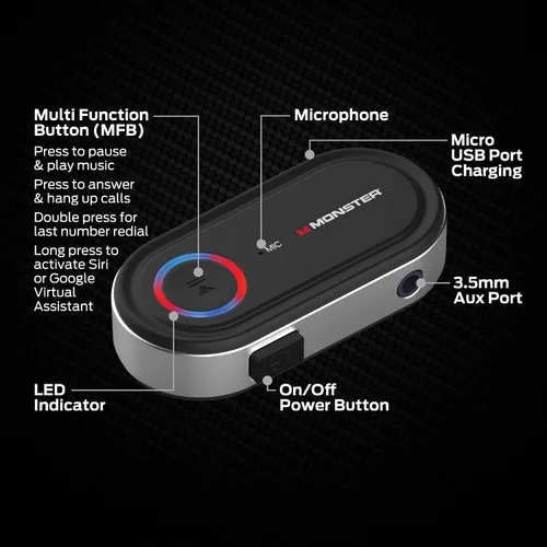 Miniatura 2 de Receptor de audio Bluetooth Monster, adaptador Bluetooth auxiliar con entrada de 3.5mm, llamadas manos libres, compatible con Siri y Google Voice