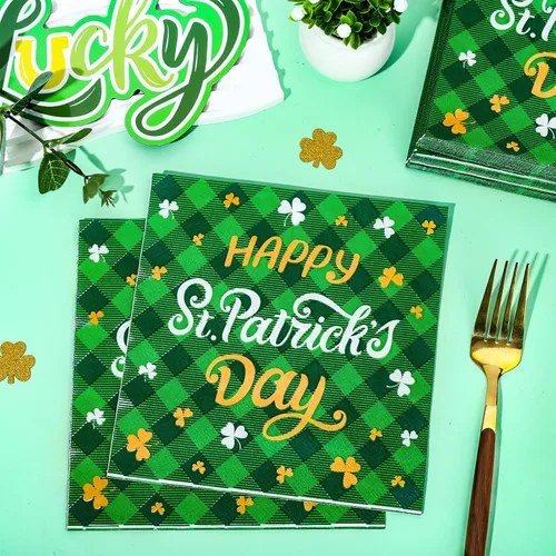 Miniatura 5 de Whaline 80 servilletas de papel con texto en inglés «Happy St. Patrick's Day» de búfalo verde irlandés, servilletas desechables decorativas